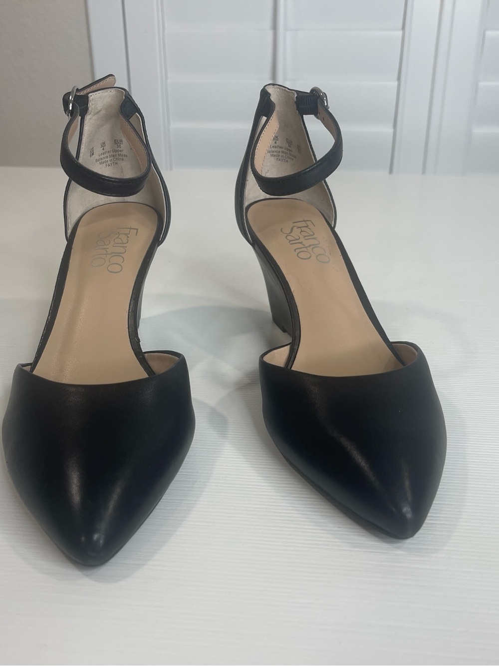 Frank Sarto Black Leather Pointed-Toe Wedge Pumps with Ankle Strap - Picture 2 of 6